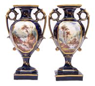 A pair of 19th century English porcelain vases in the Derby manner with foliate scroll handles,