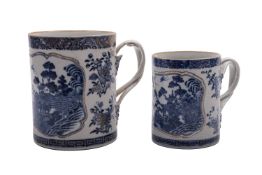 A Chinese blue and white cylindrical mug and a matching larger mug,
