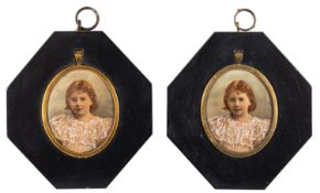 British School, 19th Century - Young ladies, A pair of portrait miniatures - Watercolour on card,