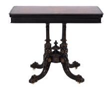 An Victorian amboyna, ebonised, marquetry and banded card table in Aesthetic Movement style,