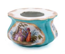 A large First Period Worcester blue and white cabbage-leaf mask jug and a late Meissen inkwell the