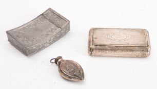 Two white metal snuff boxes, comprising;- one of rectangular form with floral decoration,