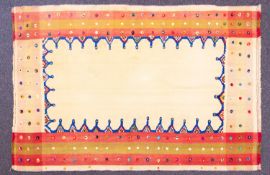 A Jayim Kelim, the plain beige field within pistachio and brick red bands, 204cm x 107cm.