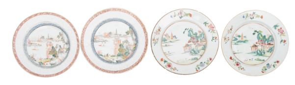 Two pairs of Chinese famille rose and verte/imari plates,