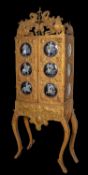 An important and extremely rare gilt iron and Limoges enamel mounted collector's cabinet on stand,