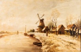 Louis Apol (Dutch, 1850-1936) - Canal scene in winter - Oil on porcelain plaque - 27.
