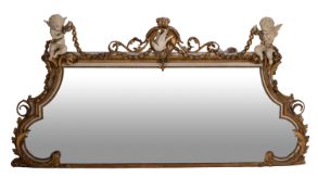 A carved, painted and parcel giltwood framed overmantel mirror, in Louis XV style,