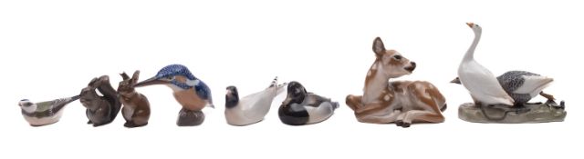 A collection of eight Royal Copenhagen porcelain figures including a fawn [2609]; geese [609];