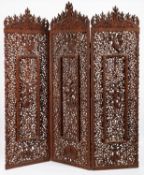 A Burmese carved hardwood three fold room screen,