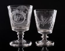 Two Masonic glass rummers both with bucket shaped bowl,