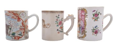 A group of three Chinese famille rose export mugs, Qianlong one with European subject decoration,