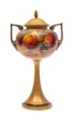 A Royal Worcester porcelain two handled vase and cover on slender elongate foot the body painted