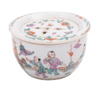 A Chinese famille rose cricket box and pierced cover, late Qing dynasty decorated with a figure,