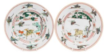 A rare pair of Chinese famille verte 'deer and crane' plates from The Japanese Palace of King