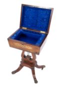 A Regency rosewood and brass inlaid teapoy later refitted as a sewing casket,