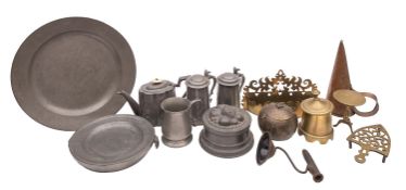 A collection of domestic metalware, 19th century; including a pewter platter,
