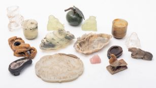 A mixed group of Oriental hardstone and glass carvings including brush washers, wine cups etc.