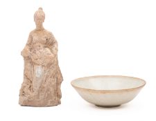 A Chinese Qingbai bowl and a Greek terracotta figure the bowl incised to the exterior with