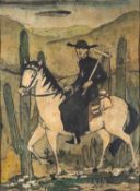 Continental School, 20th Century - A priest on horseback - Woodblock, ink and pencil - 57 x 42cm,