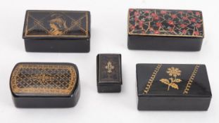 A collection of five 19th Century and later snuff boxes of rectangular in form with most having