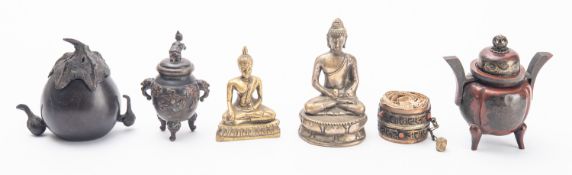 A mixed group of Oriental metalwares including two small figures of Buddha,