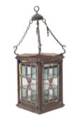 A Victorian leaded and stained glass ceiling lantern, late 19th century; of square section,