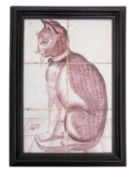 A Dutch delftware tile panel decorated in manganese with a cat and mouse, 19th century,