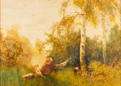 Fred Hines (British, 1875-1928) - Mother and child at the edge of a wood,