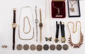 A mixed group of items, including five d