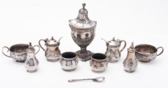 A six piece silver plated cruet set not