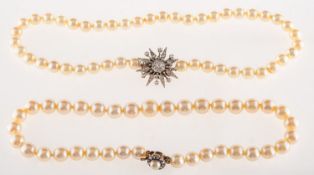 Two cultured pearl and diamond clasp choker necklaces, a single row of cultured pearls,