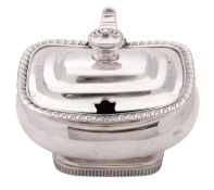 A George IV silver mustard pot, rounded rectangular form, with an angular handle,