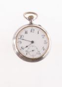 Longines a chrome-plated pocket watch the round dial having black Arabic numerals,