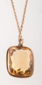 A citrine pendant with chain, a rectangular-cut citrine in a plain and rope twist mount,