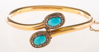 A Victorian turquoise and diamond cross-over bangle, a hollow hinged bangle,