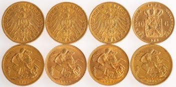 A group of eight boxed sovereigns, including three German coins, a Willhelm II,