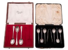An early 20th century cased set of six silver coffee spoons & matching sugar tongs,