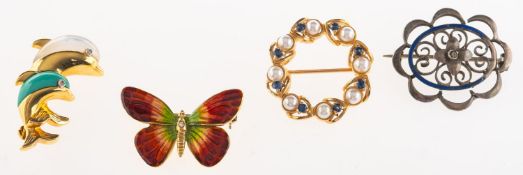A group of four brooches, including an 18ct gold mother of pearl,