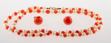 A coral and pearl necklace and a pair of coral earrings,