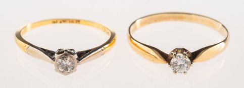 Two single stone diamond rings, including a single stone ring claw set with a brilliant-cut diamond,
