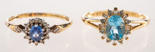 Two 9ct gold diamond and gem-set rings,