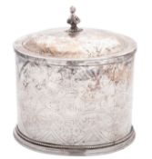 A silver plated biscuit box, oval form, with a bead border and chased decoration, initialled; 7.