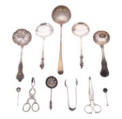 A mixed group of silver flatware, to include a George III soup ladle, crested,