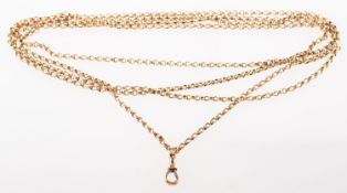An antique guard chain, a long belcher link chain with swivel clasp, clasp marked 9c,