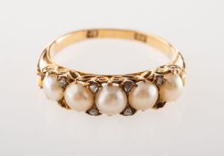 A Victorian five stone pearl and diamond ring, set with five split pearls,