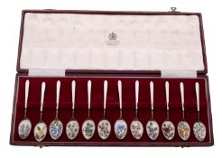 An Elizabeth II cased set of twelve silver & enamel tea/ coffee spoons,
