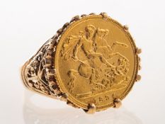 A half sovereign set ring, set with a Victoria 1894 half sovereign,