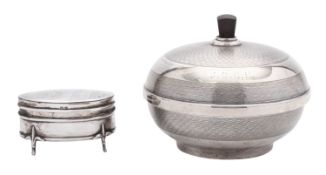 An Art-Deco period silver mounted bakelite box & cover, circular form,