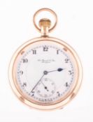 Thomas Russell & and Sons a Waltham 9K open-faced gold pocket watch the round white dial having