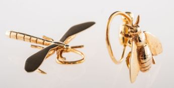 A pair of 1980's 9ct gold insect pins purchased from Annabel Jones, Knightsbridge,
